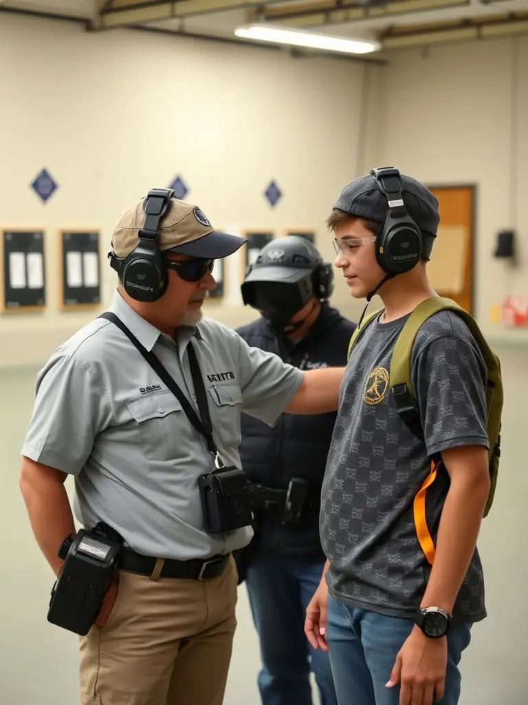 A focused image of a certified instructor guiding a new member at an indoor shooting range, both wearing protective gear, with targets visible in the background. This image will be used to illustrate the club’s structured training sessions.