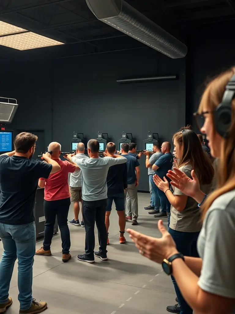 A lively club competition event with members of various ages aiming at electronic targets, judges monitoring scores, and a supportive audience applauding.