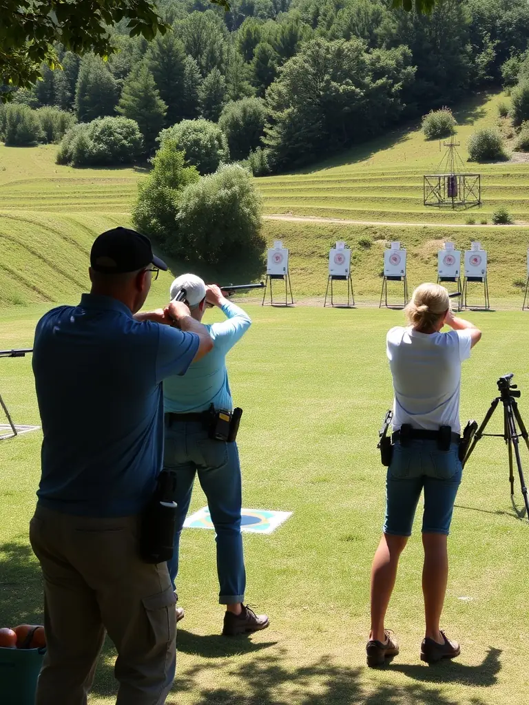 A dynamic photo of club members participating in a friendly practice session outdoors, with a variety of shooting positions and equipment, set against a green landscape.