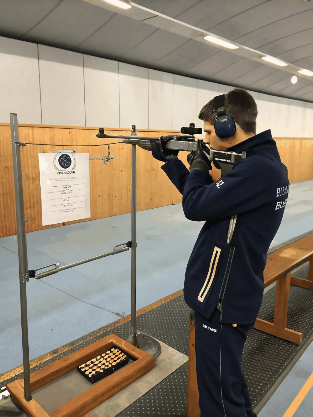 A focused young athlete aiming at a target, with a coach providing guidance, capturing the discipline and concentration required in the sport.