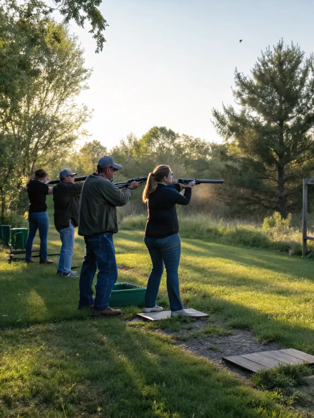 A diverse group of club members, including men and women of various ages, practicing target shooting side by side, highlighting inclusivity and teamwork.