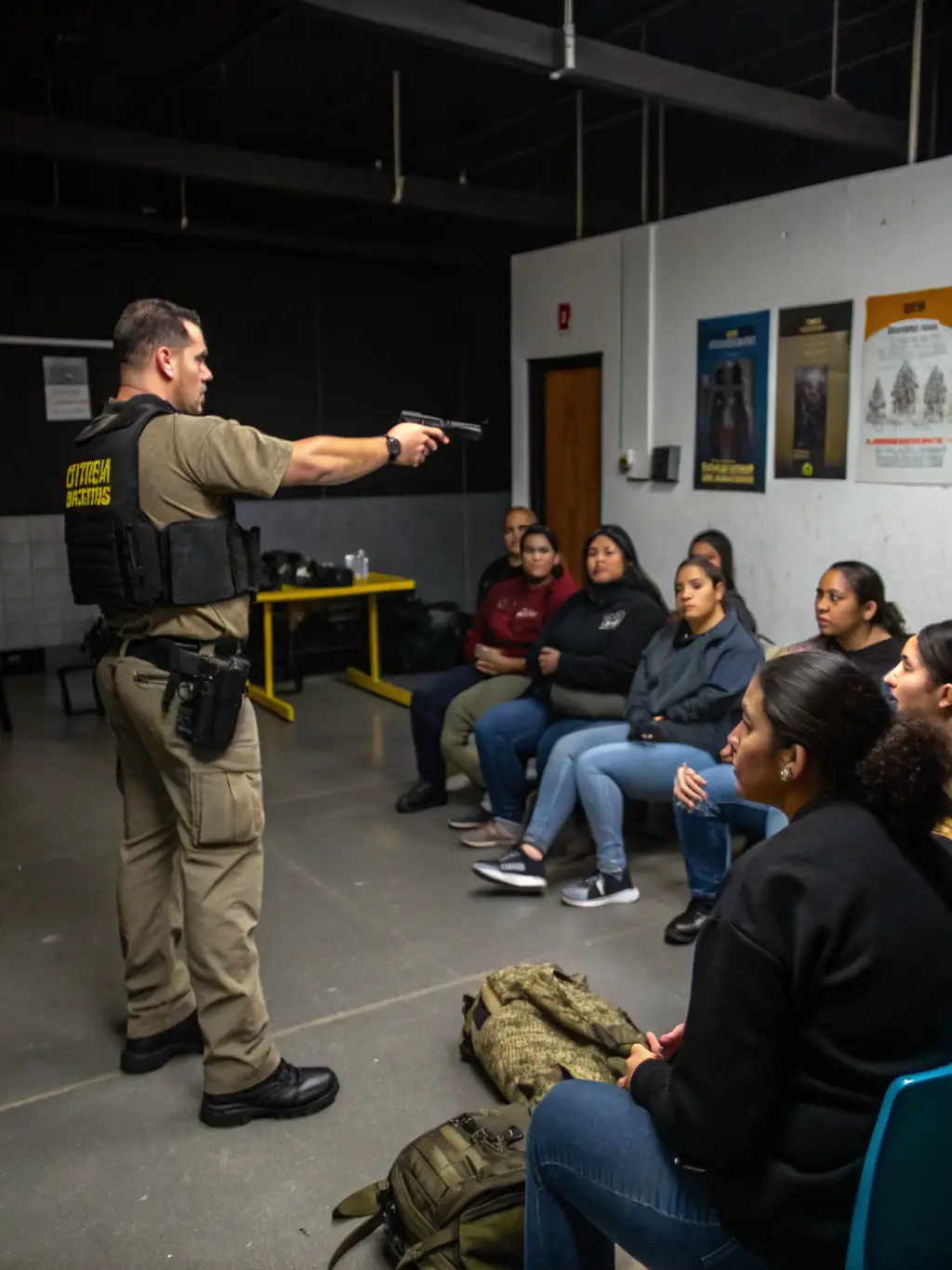 A certified instructor demonstrating advanced shooting posture to an attentive adult member, with detailed diagrams and safety instructions visible on the wall.
