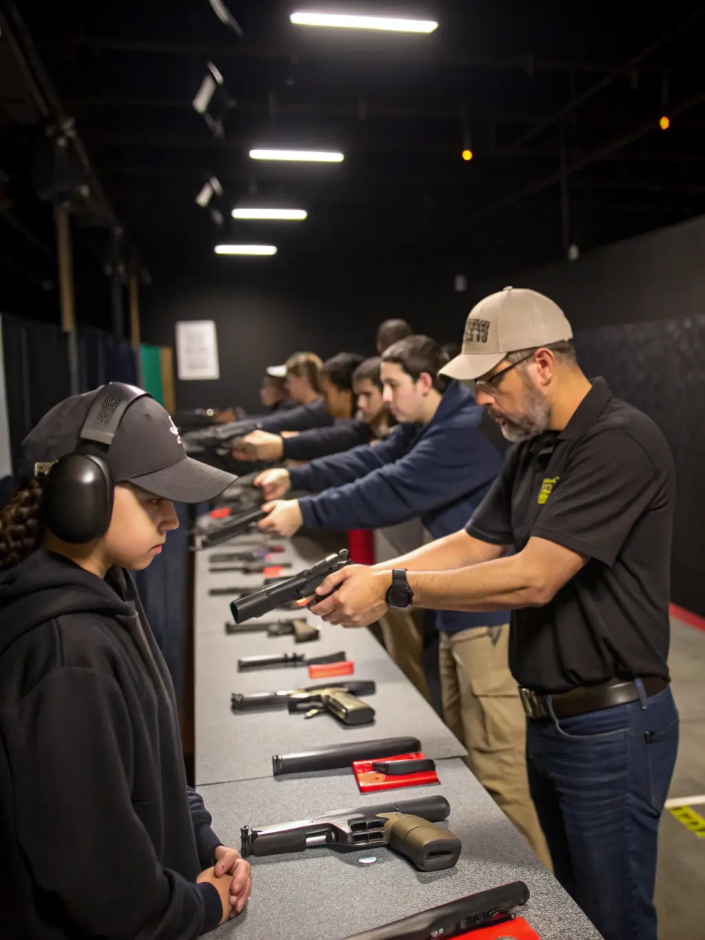 A certified instructor demonstrating safe handling of a target rifle to a group of attentive young athletes in a well-lit indoor shooting range, emphasizing safety protocols.