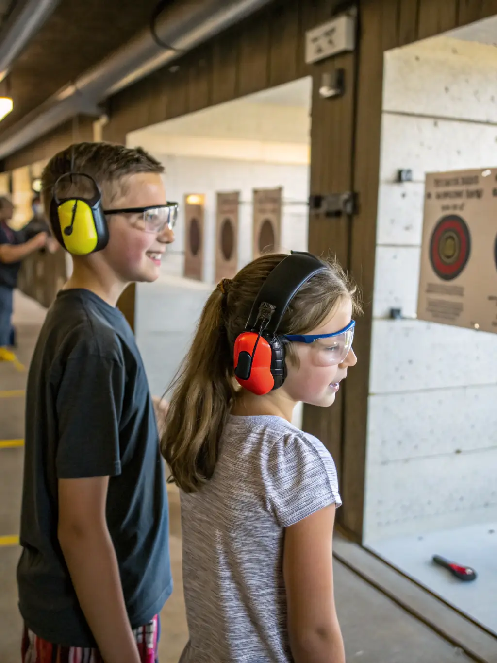 A vibrant image of young participants in a youth shooting program, learning proper stance and safety from an experienced coach, with targets and equipment neatly arranged.