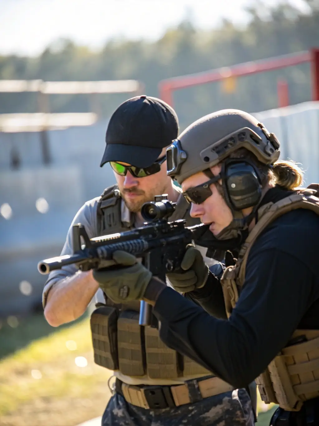 A portrait photo of an experienced instructor guiding a new member on safe shooting techniques, emphasizing mentorship and responsible practice.