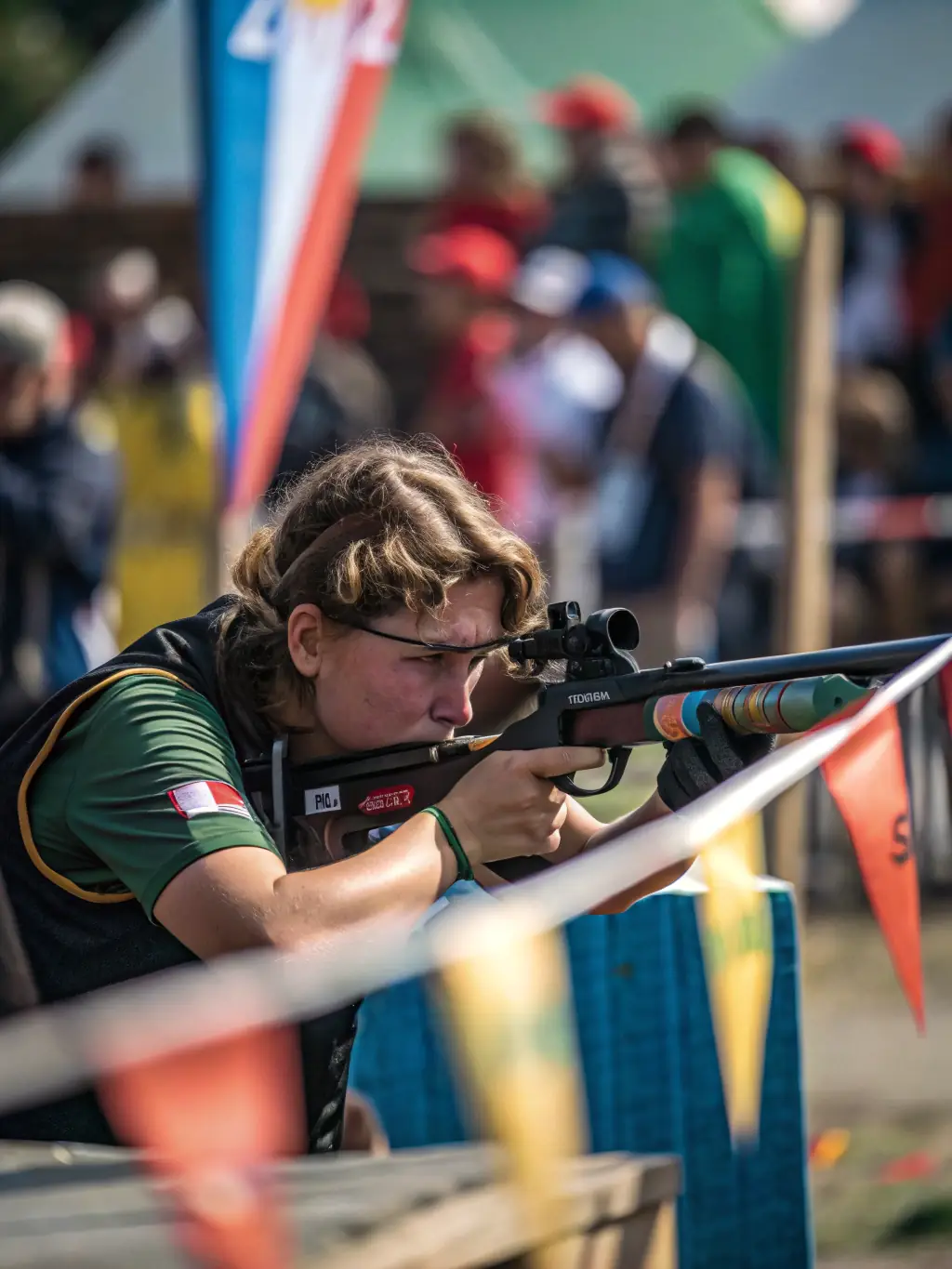 A lively scene from a club-hosted shooting competition, with participants aiming at targets, judges observing, and banners displaying the club’s logo in the background.