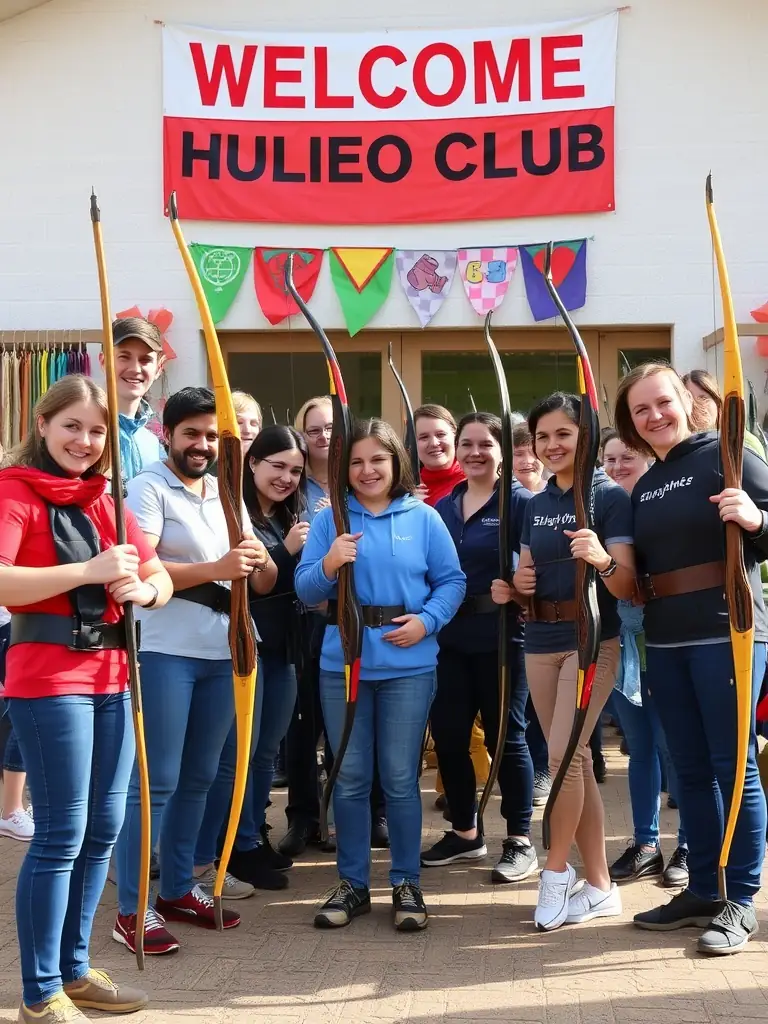 A portrait image of a diverse group of club members smiling together after a training session, holding their equipment, symbolizing camaraderie and friendship.
