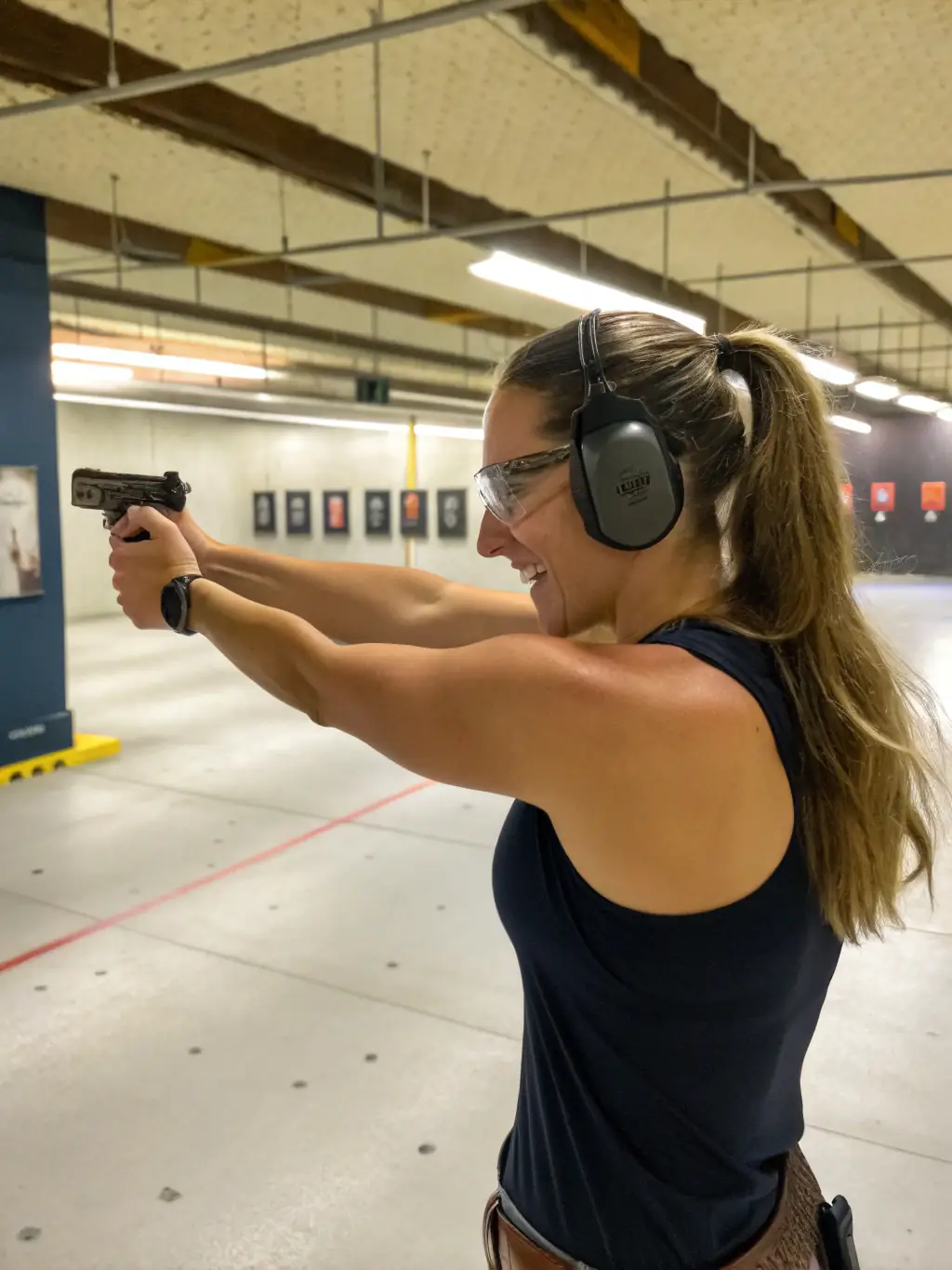 A focused young athlete in protective gear aiming at a paper target in a well-lit indoor shooting range, with an instructor observing and offering guidance, representing a beginner’s training session.