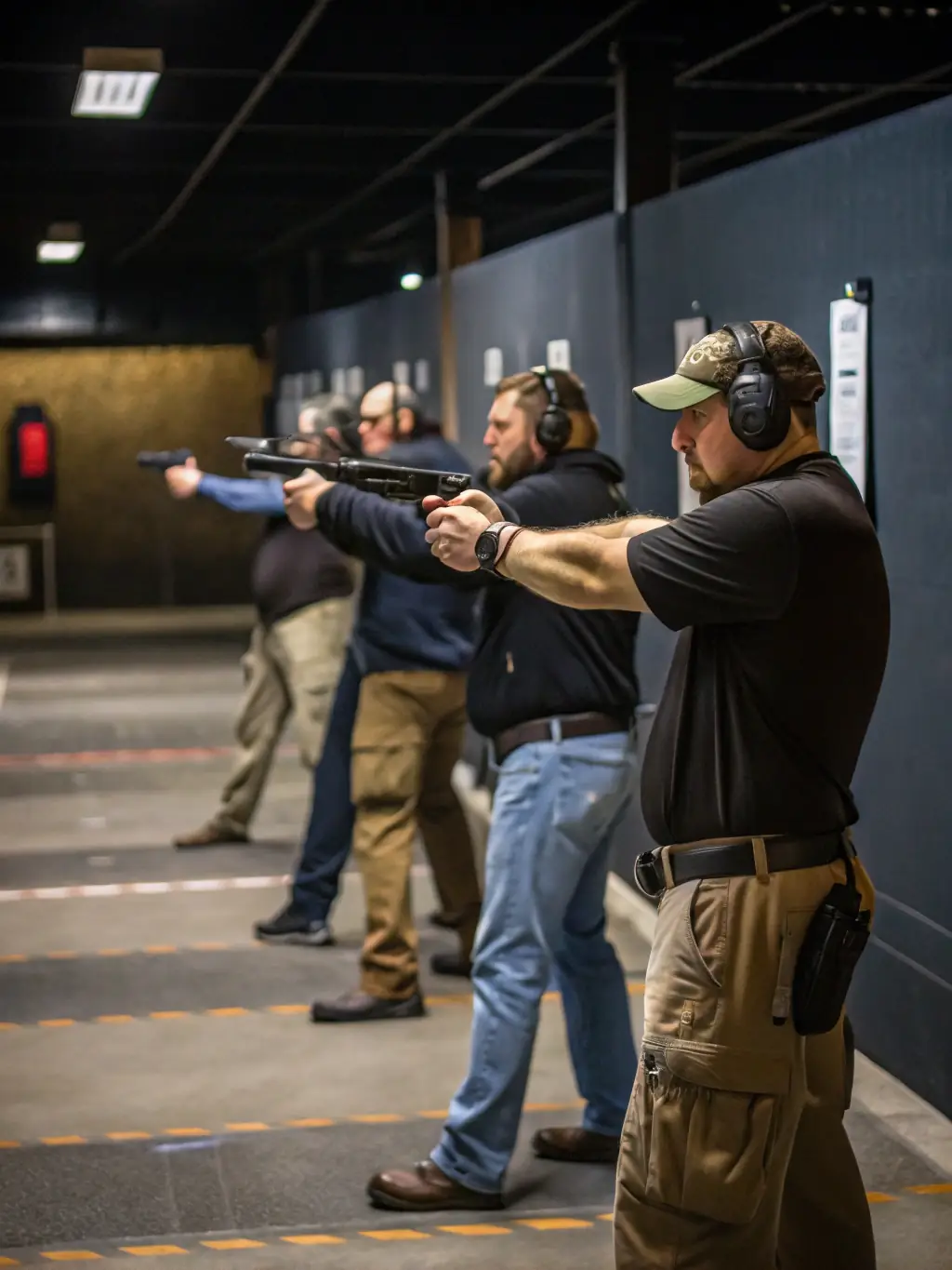 A group of intermediate shooters practicing together, each at their own lane, with visible concentration and camaraderie, targets in the background showing progressive improvement.